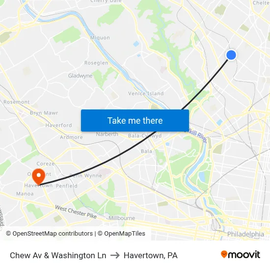 Chew Av & Washington Ln to Havertown, PA map