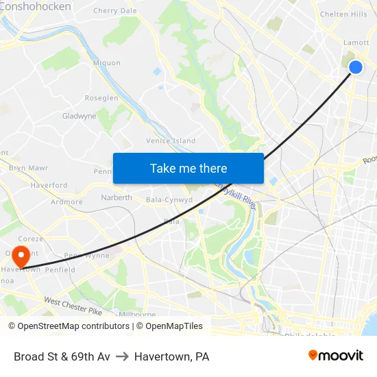 Broad St & 69th Av to Havertown, PA map