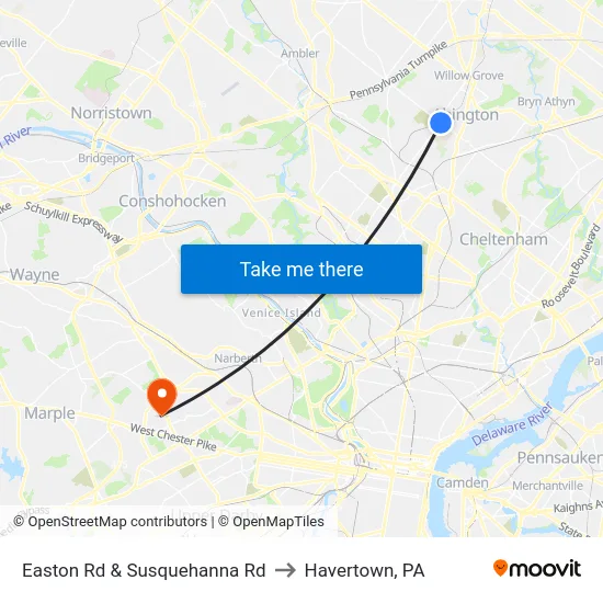 Easton Rd & Susquehanna Rd to Havertown, PA map