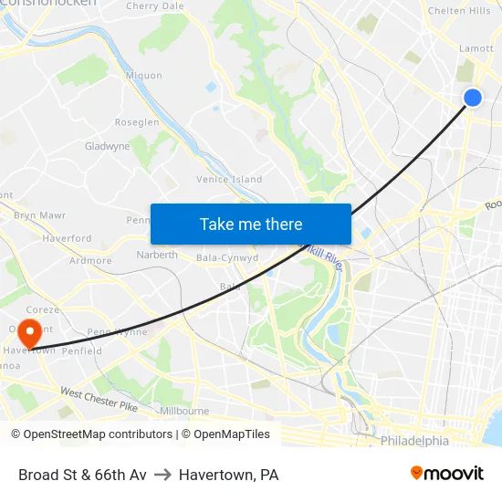 Broad St & 66th Av to Havertown, PA map