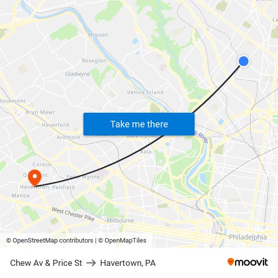 Chew Av & Price St to Havertown, PA map
