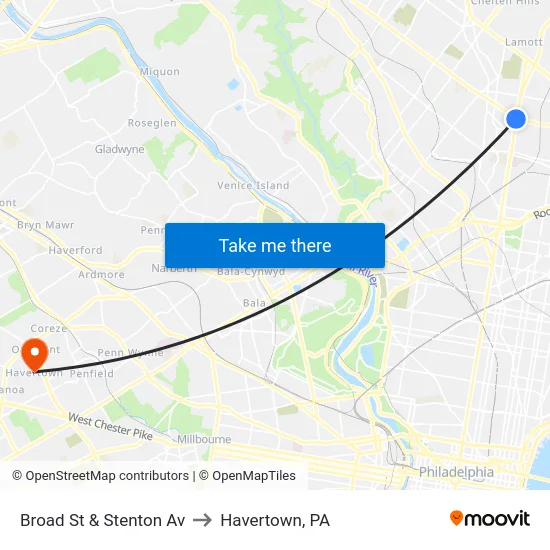 Broad St & Stenton Av to Havertown, PA map