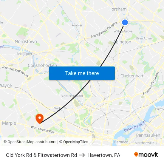 Old York Rd & Fitzwatertown Rd to Havertown, PA map