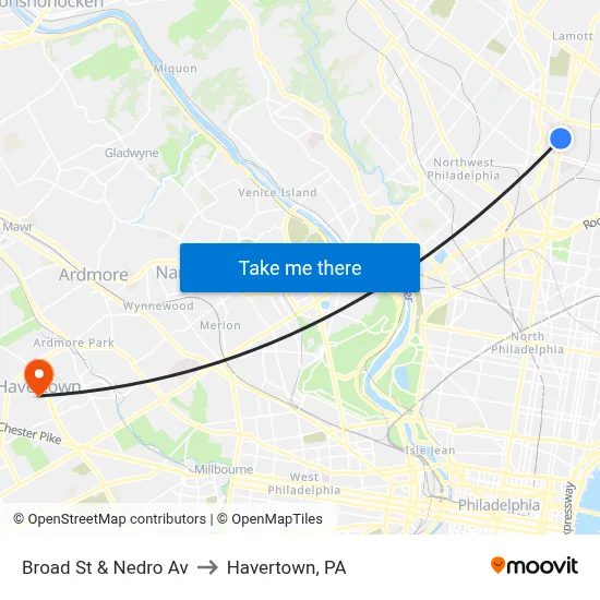 Broad St & Nedro Av to Havertown, PA map