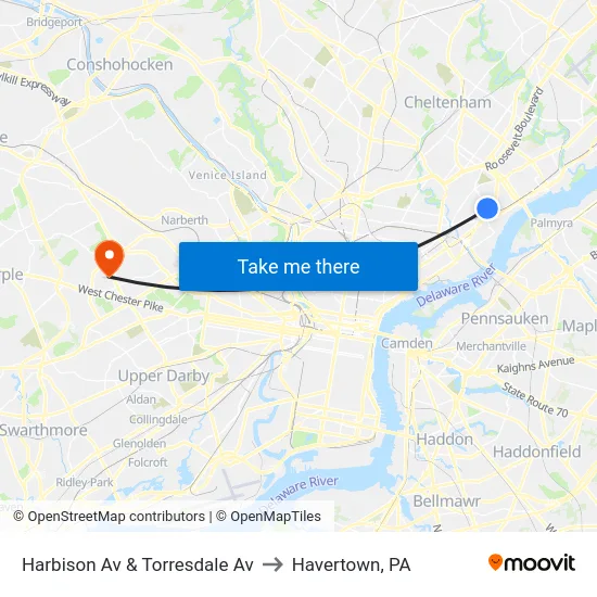 Harbison Av & Torresdale Av to Havertown, PA map