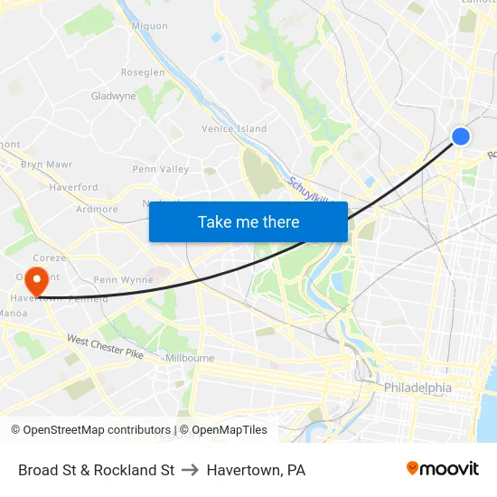Broad St & Rockland St to Havertown, PA map