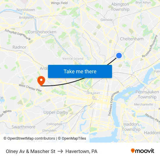 Olney Av & Mascher St to Havertown, PA map
