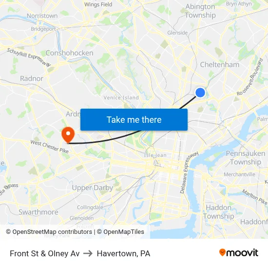 Front St & Olney Av to Havertown, PA map