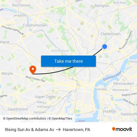 Rising Sun Av & Adams Av to Havertown, PA map