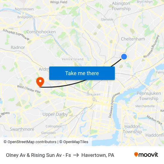 Olney Av & Rising Sun Av - Fs to Havertown, PA map