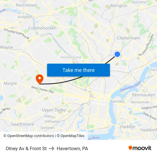 Olney Av & Front St to Havertown, PA map