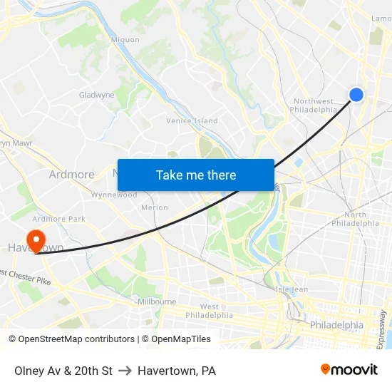 Olney Av & 20th St to Havertown, PA map