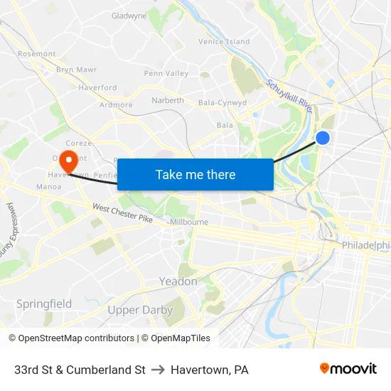 33rd St & Cumberland St to Havertown, PA map