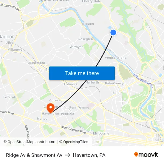 Ridge Av & Shawmont Av to Havertown, PA map