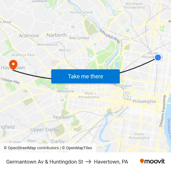 Germantown Av & Huntingdon St to Havertown, PA map