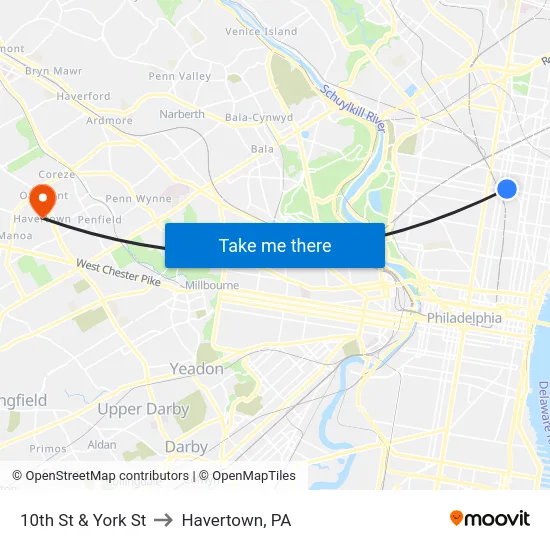 10th St & York St to Havertown, PA map