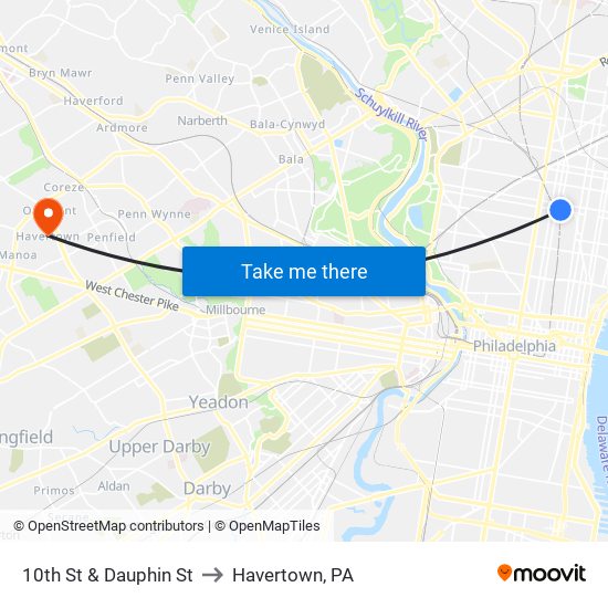 10th St & Dauphin St to Havertown, PA map