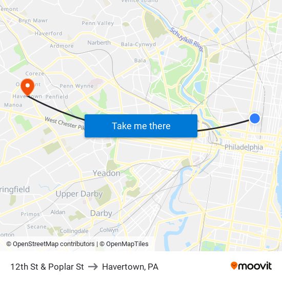 12th St & Poplar St to Havertown, PA map
