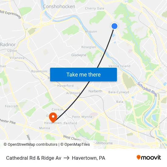Cathedral Rd & Ridge Av to Havertown, PA map