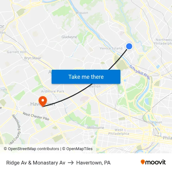 Ridge Av & Monastary Av to Havertown, PA map
