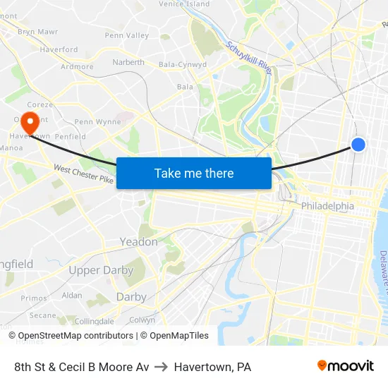 8th St & Cecil B Moore Av to Havertown, PA map
