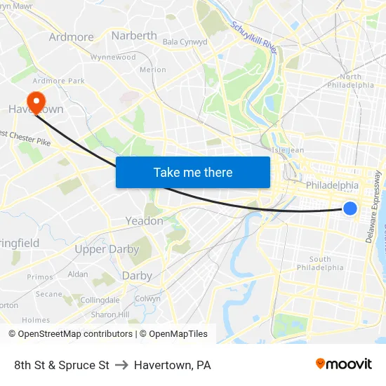 8th St & Spruce St to Havertown, PA map