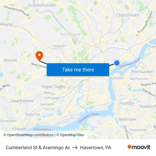 Cumberland St & Aramingo Av to Havertown, PA map