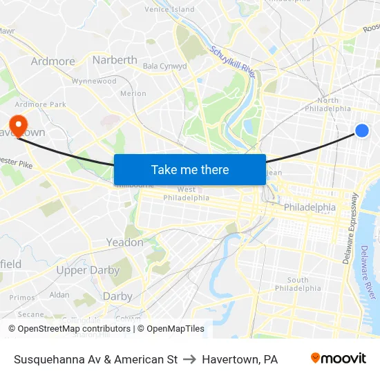 Susquehanna Av & American St to Havertown, PA map