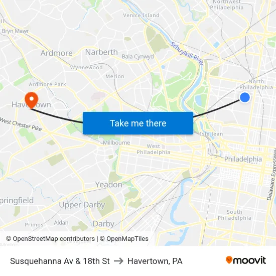 Susquehanna Av & 18th St to Havertown, PA map