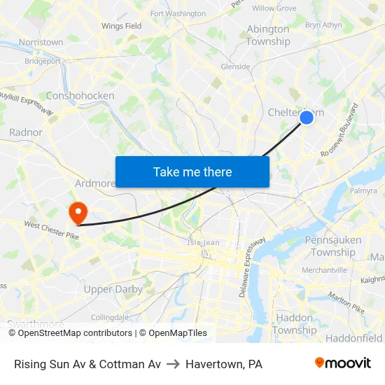 Rising Sun Av & Cottman Av to Havertown, PA map