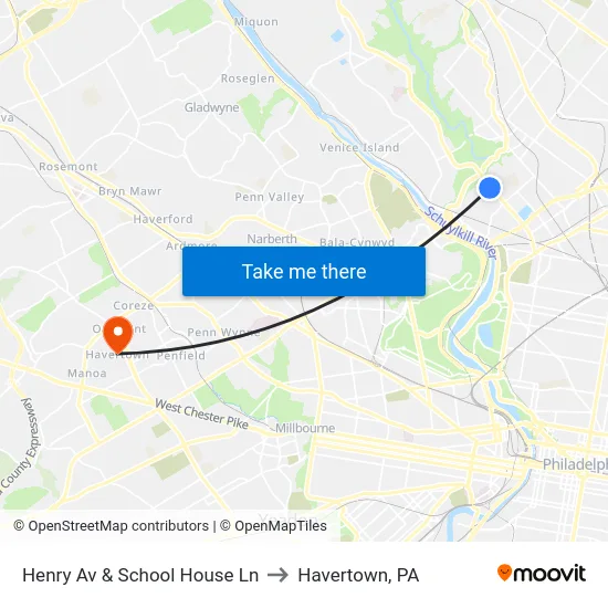 Henry Av & School House Ln to Havertown, PA map