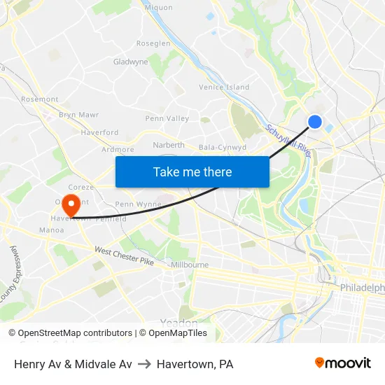 Henry Av & Midvale Av to Havertown, PA map