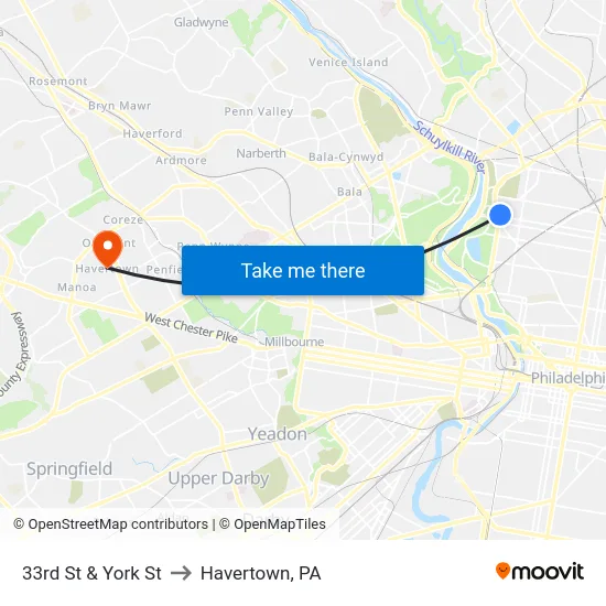 33rd St & York St to Havertown, PA map