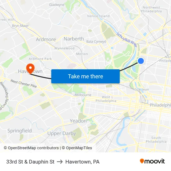 33rd St & Dauphin St to Havertown, PA map