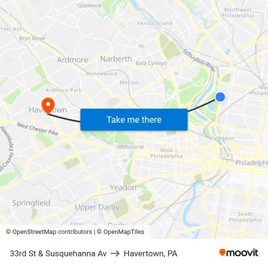 33rd St & Susquehanna Av to Havertown, PA map