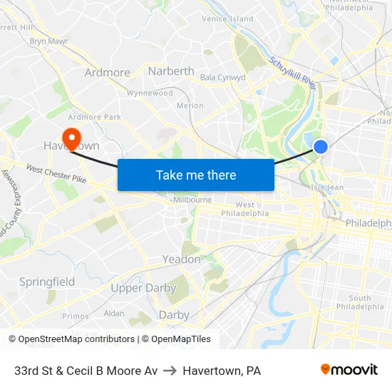 33rd St & Cecil B Moore Av to Havertown, PA map