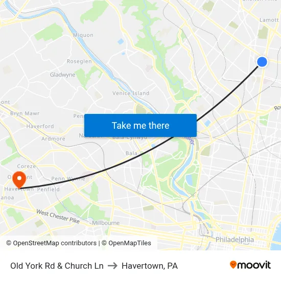 Old York Rd & Church Ln to Havertown, PA map