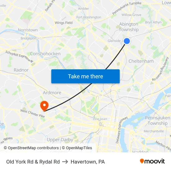 Old York Rd & Rydal Rd to Havertown, PA map