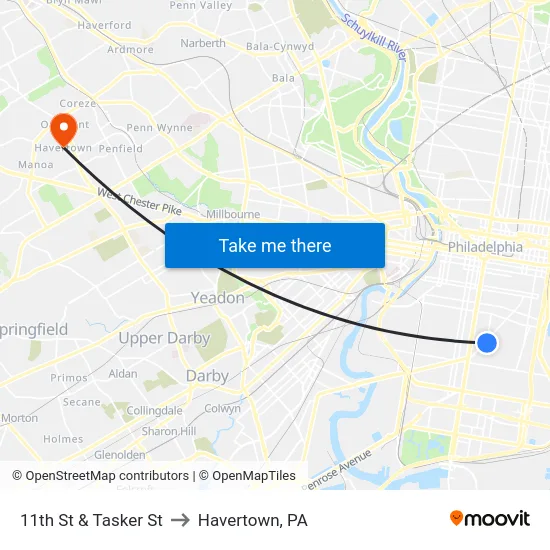11th St & Tasker St to Havertown, PA map