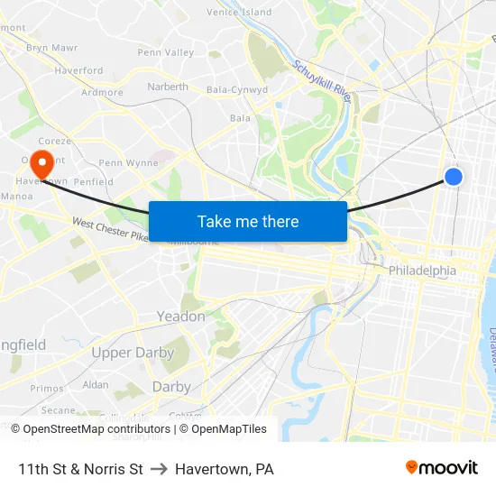 11th St & Norris St to Havertown, PA map