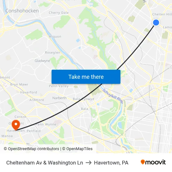 Cheltenham Av & Washington Ln to Havertown, PA map