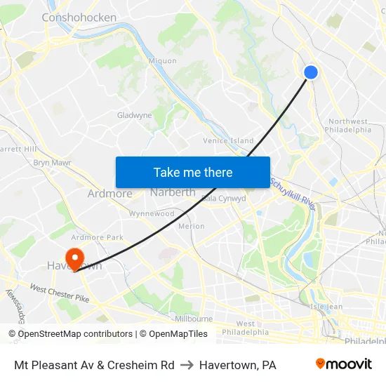 Mt Pleasant Av & Cresheim Rd to Havertown, PA map