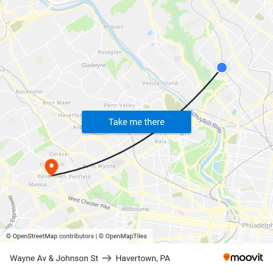 Wayne Av & Johnson St to Havertown, PA map