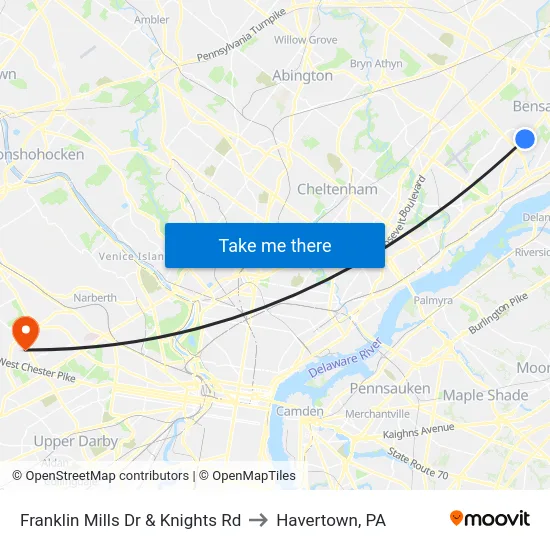 Franklin Mills Dr & Knights Rd to Havertown, PA map