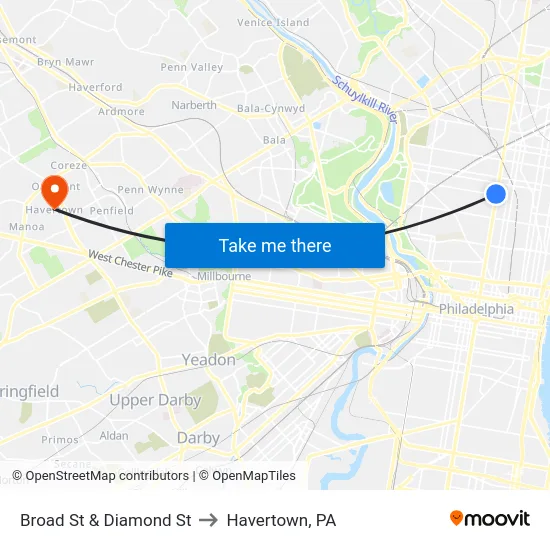 Broad St & Diamond St to Havertown, PA map