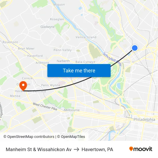 Manheim St & Wissahickon Av to Havertown, PA map