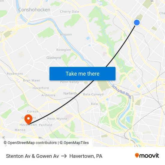 Stenton Av & Gowen Av to Havertown, PA map