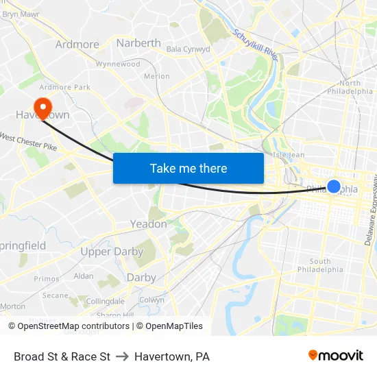 Broad St & Race St to Havertown, PA map
