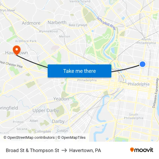 Broad St & Thompson St to Havertown, PA map