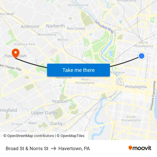 Broad St & Norris St to Havertown, PA map